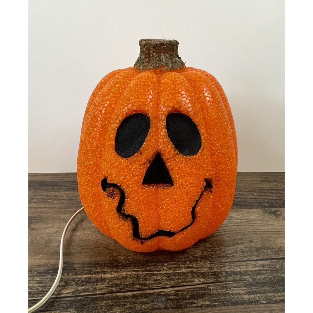 Orange 9" Melted Plastic Pumpkin Light Up Jack-O-Lantern Halloween